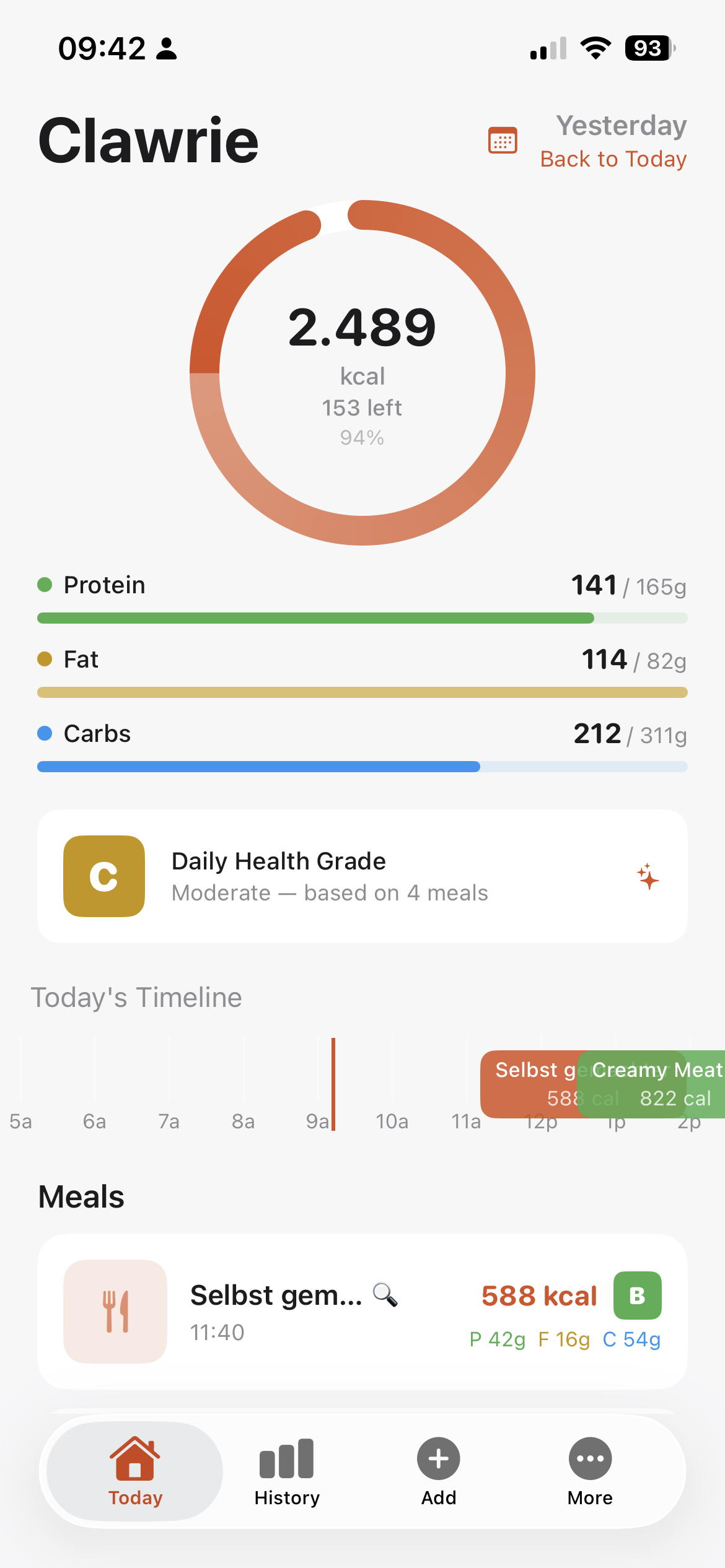 Dashboard with calorie ring, macro bars, health grade, and meal timeline
