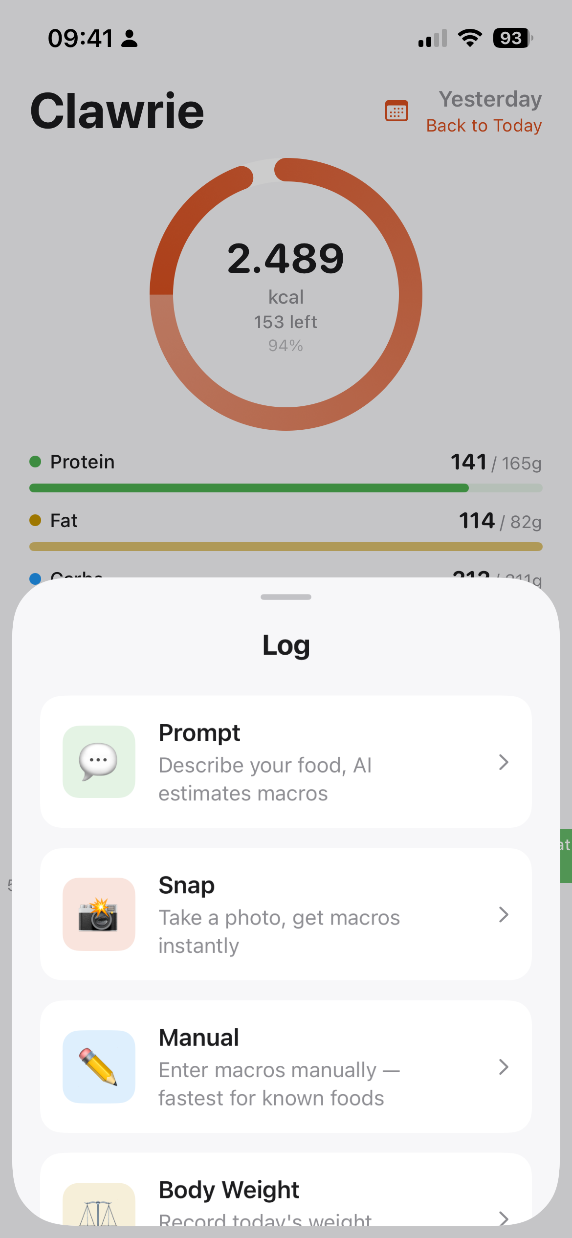 Log menu showing Prompt, Snap, Manual, and Body Weight options