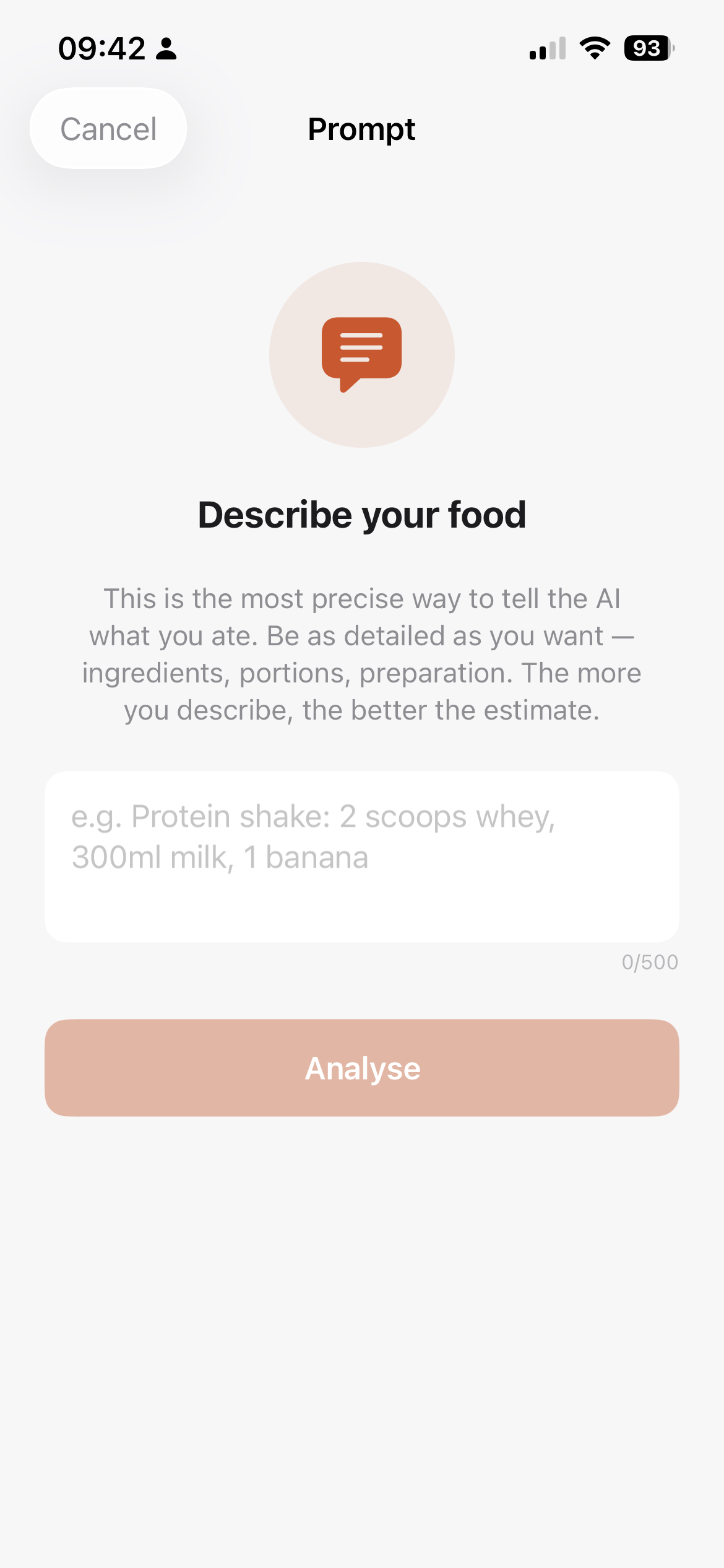 AI prompt screen — describe your food for instant macro estimates